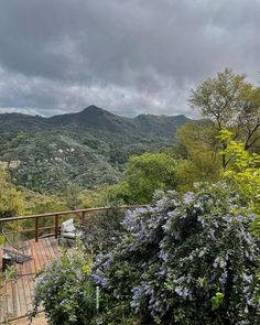 the deck is surrounded by beautiful flowers and greenery, with mountains in the background