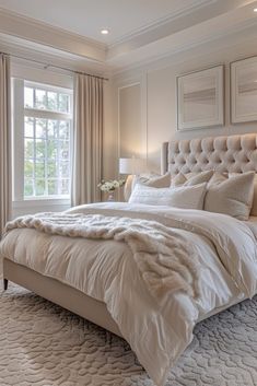 a large bed sitting in a bedroom next to a window with two pictures on the wall