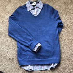 Gap Sweater And Button-Up Combo (2shirts) Preppy Blue V-neck Top, Blue V-neck Preppy Tops, Classic Gap Tops For Winter, Gap Blue Long Sleeve Shirt, Classic Winter Tops From Gap, Casual Gap Tops For Layering, Casual Layering Tops By Gap, Blue Long Sleeve Gap Shirt, Gap Blue Collared Top