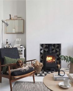 a living room with a dog laying on a chair in front of the fire place