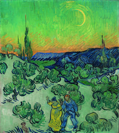 the painting depicts two people walking through an olive grove