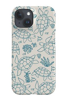 an iphone case with blue turtles and seaweeds on it, in front of a white background