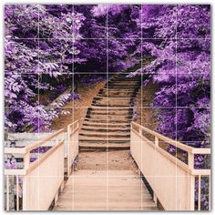 the stairs are covered in purple flowers and trees