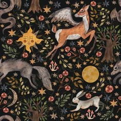 an animal themed wallpaper with stars, flowers and other animals in the night sky