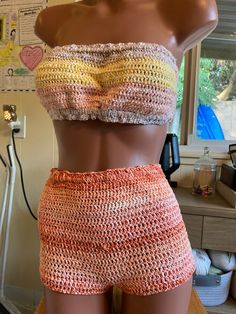 This is fits small to medium size.  Inserted elastic bands on the bandeau and the waist of the shorts.  100% cotton yarn.  Hand wash and flat dry recommended. Cotton Yarn, Medium Size, Favorite Outfit, Art Collection, Bathing Beauties, Hand Wash, Yarn, Elastic, Purses And Bags