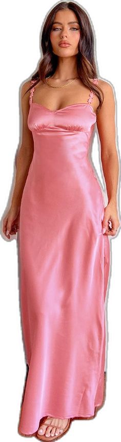 Pink Floor-length Satin Dress, Pink Floor-length Satin Dress For Party, Pink Midi-length Prom Slip Dress, Pink Midi Length Slip Dress For Prom, Pink Midi Slip Dress For Prom, Pink Bias Cut Midi Dress, Pink Feminine Satin Cocktail Dress, Feminine Pink Satin Cocktail Dress, Pink Midi-length Bias Cut Slip Dress