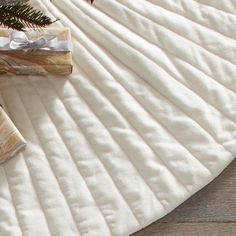 two wrapped presents sitting on top of a white rug next to a christmas tree branch