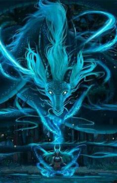 a blue dragon is in the middle of a body of water with its eyes open