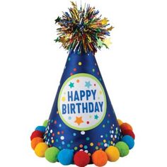 a party hat with pom poms on it and the words happy birthday written in blue