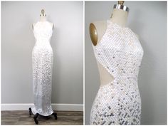 "This is an absolutely breathtaking gown. It's fully embellished with bright white, ivory and mirror-silver sequins and accented with tiny beading between each and every sequin. It's in excellent condition! Measurements: Bust - 32-33\" Waist - 24-25\" Hips - 35-36\" Length - 59\" This dress comes from a pet-free and smoke-free home. If you would like more info or have any questions, please don't hesitate to ask!" White Sequined Party Gown, Fitted White Embellished Gown, White Embellished Party Gown, White Fitted Bedazzled Dress, White Sleeveless Sequined Gown, White Sequined Floor-length Dress, White Sequin Floor-length Dress, White Floor-length Dress With Rhinestones, Floor-length White Sequined Dress