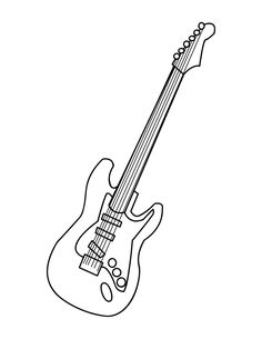 a black and white line drawing of an electric guitar, with the neck facing forward