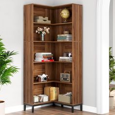 a wooden book shelf with books on it in a room next to a potted plant