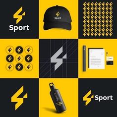 various items are displayed on a black and yellow background with the word sport written in white