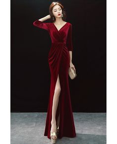 Get 10% off now! Buy elegant mermaid velvet evening dress with sleeves at cheap price online. Free stable shipping and pro custom service since 2009. Red Winter Dresses, Evening Dress With Sleeves, Velvet Evening Dress, Dress Tight, Evening Dresses With Sleeves, Red Velvet Dress, Dress With Sleeves, Badass Style, Glamour Fashion