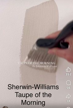 a person holding a paint brush in their hand and painting the wall with sherwin - williams's taupe of the morning