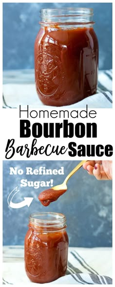 homemade bourbon barbecue sauce in a mason jar with a spoon full of bbq sauce