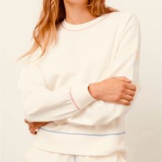 This Rails Cream Colored Pullover Sweatshirt Is New Without Tags. It Is Lightweight And Very Comfortable. Rainbow Contrast Stitching. Has A Slightly Oversized Fit. Pit To Pit Measures 22”. Length Is 22”. Medium White Relaxed Fit Color Block Sweatshirt, White Color Block Sweatshirt For Loungewear, White Color Block Tops For Loungewear, Casual White Tops With Contrast Trim, Spring Tops With Contrast Trim For Layering, White Color Block Sweatshirt For Layering, White Sporty Tops With Contrast Trim, Sporty White Tops With Contrast Trim, White Cotton Sweatshirt For Layering