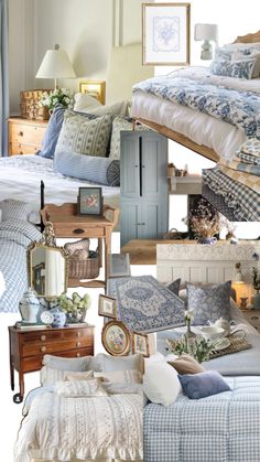 a collage of blue and white bedroom decor