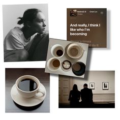 two people are standing in front of coffee cups and photos with words on the wall behind them