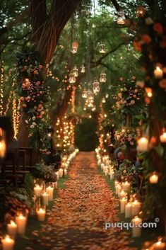 candles are lit in the middle of an outdoor ceremony aisle that is lined with trees and flowers