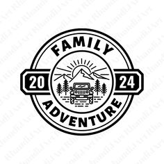 the family adventure logo is shown in black and white, with an rv on it