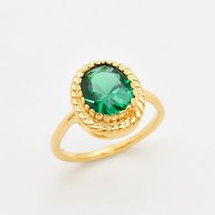 Gold Emerald Ring set with a Created Emerald in a Diamond cut, flawless clarity & green color, at 10x8mm, 3 Carats. Antique Ring design made of Gold Vermeil ☞ thickest 18k Gold Plating on top of Solid 925 Sterling Silver ☞ made to last. Matching Earrings: www.etsy.com/listing/776297837 Matching Pendant: www.etsy.com/listing/784832028 ☞ Choose your size ☞ I resize (before shipping) for FREE to Any size* ⌛Last Ring left ⌛ Details :  ♥ Each item comes in a cute GIFT BOX ✓ ♥ GUARANTEE on the materia Green Emerald Oval Cabochon Ring For Wedding, Green Oval Cabochon Emerald Ring For Wedding, Green Oval Gemstone Rings, Green Oval Rings For Promise, Green Oval Cabochon Ring For Anniversary, Oval Green Gemstone Birthstone Ring, Oval Green Emerald Ring For May Birthstone, Classic Green Oval Rings, Green Oval Birthstone Ring For Anniversary