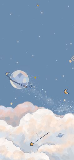 an illustration of the planets in the sky with stars and clouds around them as if they were flying through the air