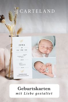 the birth announcement card is displayed in front of a baby's photo