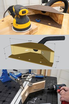 the plans for a diy workbench are shown in three different views, including one with a router on it