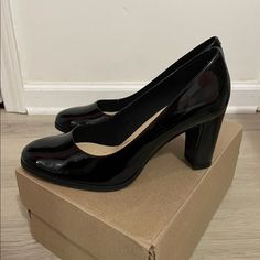 Size 7.5 Brand New With Box! Approximately 3 Inch Heels Black Block Heels With 4-inch Heel For Office, Black Patent Leather Block Heels With 4-inch Heel, Black Block Heels For Work With Round Toe, Black Patent Leather Block Heels For Work, Black Patent Leather Court Shoes With Block Heel, Medium Width Black Block Heels For Office, Black Medium Width Block Heels For Office, Black Patent Leather High Heel Block Heels, Black Block Heels With Padded Almond Toe