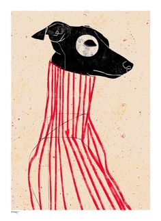 a drawing of a dog wearing a red and white striped dress