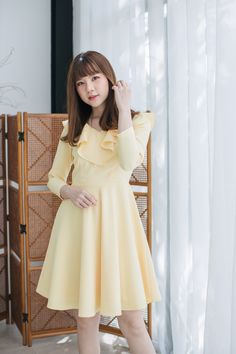 "*DHL shipping upgrade is available at check out process. Shipping part by DHL will take 3-6 days only. Production time may take around 2-3 weeks. If this is in rush you can convo us to make it sooner.:) A beautiful polite sweet shade of pale yellow dress to love. A new romantic design dress or gown for special event of you. The dress is feminine, sweet and modest look. Perfect for special party. Also custom length for this dress is available please convo. DESIGN✄: -V neckline with ruffle to bac Elegant Yellow Dress With Ruffle Hem, A-line Ruffled Dresses For Brunch, Trendy Knee-length Yellow Dress, Feminine Yellow Short Sleeve Dress, Yellow Long Sleeve Ruffled Dress, Flowy Yellow Knee-length Mini Dress, Yellow Korean Dress, Yellow Long-sleeved Dress With Pockets, Yellow Knee-length Dress With Ruffle Hem