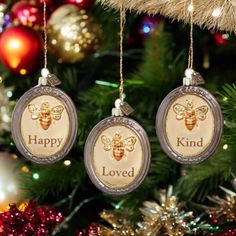 three ornaments hanging from a christmas tree with the words kind, loved and bee on them