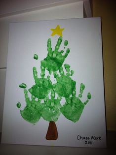 a handprint christmas tree on a white card