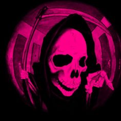 a creepy skeleton holding a knife in front of a pink background with the words halloween on it