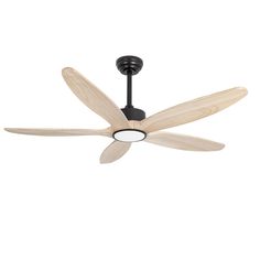 a black ceiling fan with wooden blades