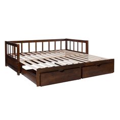 a wooden bed frame with two drawers on the bottom and one drawer open to reveal a mattress