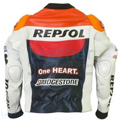 Avail this repsol racing jacket designed from the suit worn by Dani Pedrosa for Honda Repsol One Heart 2011 in all the sizes of USA and UK standards. Available at a special discount for a limited time. Produced using the best techniques and consisting of world-class material. Bike Jacket, Racing Jacket, Embroidered Heart, The Race, Leather Blazer, Jacket Design, Motorcycle Jacket, Tights, Bike