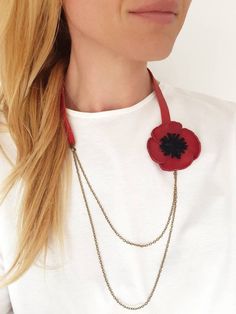 Red Poppy Flower Necklace Floral Leather Jewelry Large | Etsy Red Poppy Flower, Poppy Necklace, Bohemian Chic Fashion, Bohemian Accessories, Red Poppy, Floral Necklace, Leather Gifts, Poppy Flower, Gifts For Nature Lovers