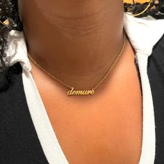 Very demure. Very cutesy. Very mindful. 18K Gold Plated Stainless Steel 16.9” Chain with 3" Extender Gold Name Necklace For Everyday Wear, Everyday Gold Name Necklace, Tarnish Resistant Gold Plated Name Necklace, Adjustable Nameplate Chain Necklace, Gold Plated Adjustable Name Necklace, Trendy Gold Name Necklace With Clavicle Chain, Trendy Gold Clavicle Chain Name Necklace, Gold Clavicle Chain Name Necklace, Gold Plated Name Necklace With Adjustable Chain