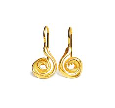 "Spiral Earrings in 24K Gold Vermeil or .925 Sterling Silver by Ilios Exquisite spiral earrings with attached hook. Perfect to wear every day! Handmade in Greece in 24K Gold Vermeil or .925 Sterling Silver.  The spiral is a largely positive ancient symbol representing eternity, change/growth, and even the evolution or movement of the universe.  Dimensions of spiral 14mm = 9/16\" They hang 3cm = 1 1/8\" from the ear. These earrings come with their own dark blue suede pouch with the ILIOS logo sta Yellow Gold Swirl Earrings For Gift, Swirl Yellow Gold Earrings For Gift, Yellow Gold Spiral Earrings With Ear Wire, Handmade Spiral Yellow Gold Earrings, Yellow Gold Spiral Single Earring, Gold Swirl Earrings For Pierced Ears, Yellow Gold Spiral Pierced Earrings, Gold Spiral Earrings As Gift, Gold Spiral Earrings For Gifts