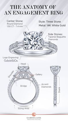 the anatomy of an engagement ring, with instructions on how to put it in place