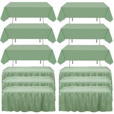 a set of six green tablecloths and chairs