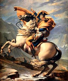 a painting of a man riding on the back of a white horse in a mountainous area