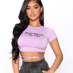 New With Tags! Don’t Disturb My Vibe Trendy Purple Crop Top For Summer, Purple Crop Top For Spring Night Out, Chic Purple Crop Top For Day Out, Trendy Purple Crop Top For Night Out, Purple Crop Top For Spring Day Out, Trendy Lavender Crop Top For Spring, Trendy Lavender Top For Party, Fashion Nova Shirts, Halter Tie Top