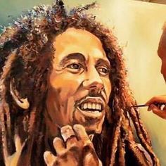 a painting of a man with dreadlocks brushing his teeth next to another person's face