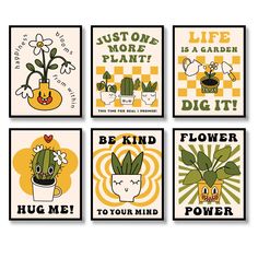 four posters with plants and flowers on them in yellow, green, black and white colors