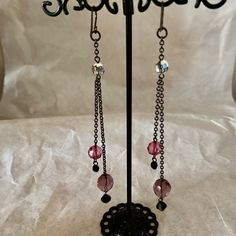 Very Pretty Dangle Earrings Featuring A Black-Toned Chain And Pink, Black, And Clear Glass Crystals. Brand New. Pink And Black Earrings, Pretty Dangle Earrings, Pretty Earrings Dangle, Crystal Dangle Earrings, Black Earrings, Earrings Color, Black Crystals, Pink And Black, Crystal Glass