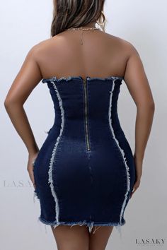 Lasaky - Chic Solid Patchwork Strapless Denim Dress with Backless Design Strapless Denim Club Dress, Strapless Denim Dress For Club, Blue Denim Club Dress, Sleeveless Denim Dress For Club, Denim Dresses Online, Strapless Denim Dress, Sleeveless Denim Dress, Sleeveless Suit, Denim Dresses