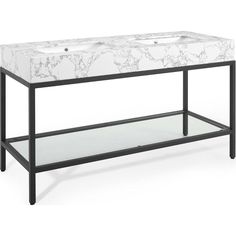 a white marble top coffee table with black metal frame and glass shelf on the bottom